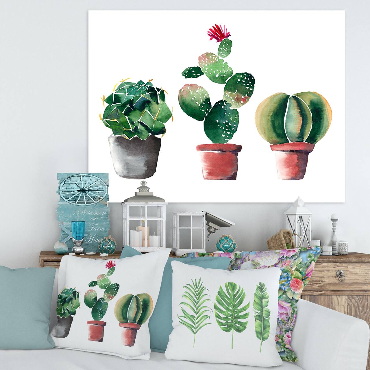 Designart - Three Cactus In Clay Pots - Traditional Canvas Wall Art Print
